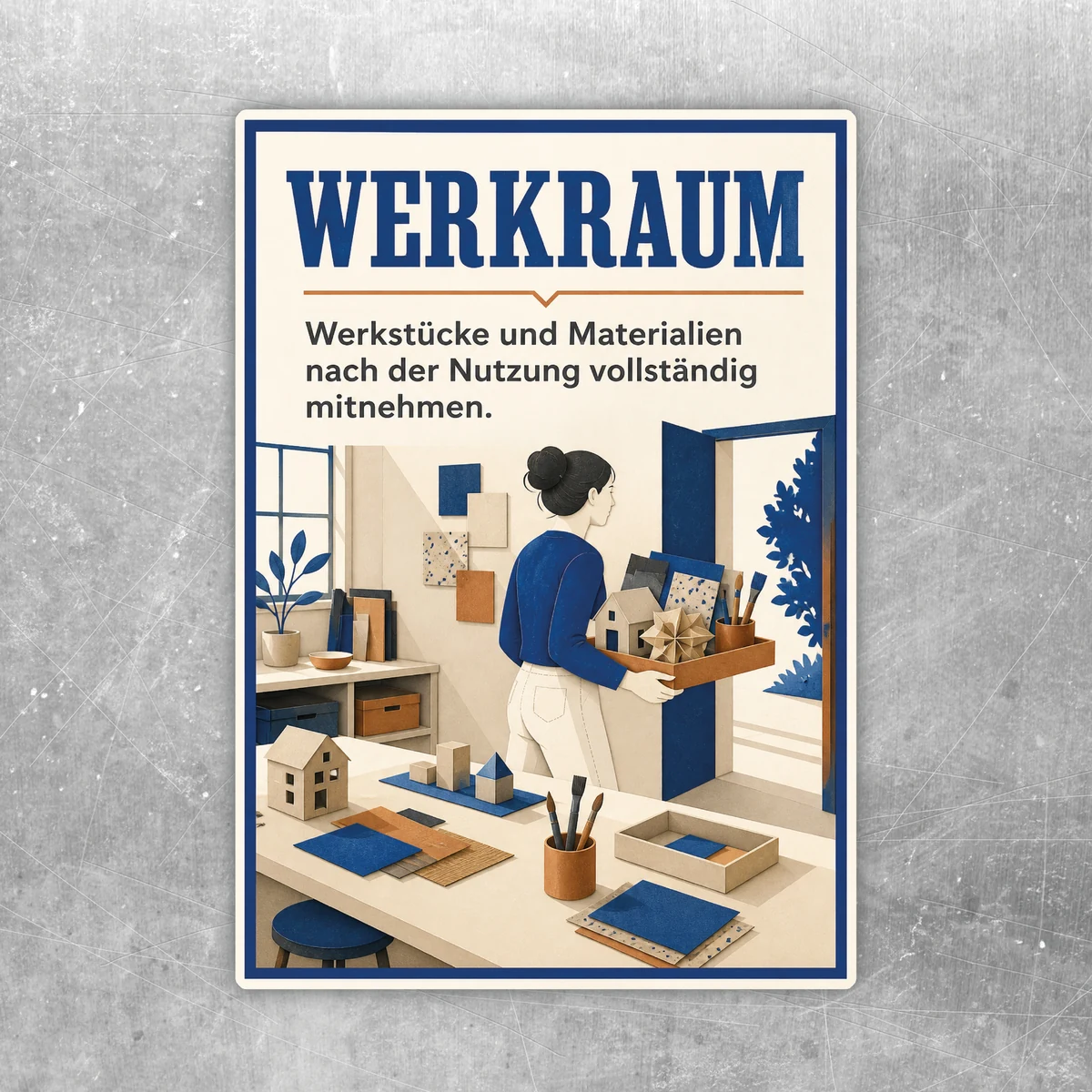 Werkraum Aufkleber mit Illustration und Hinweis, Werkstücke und Materialien nach der Nutzung vollständig mitzunehmen.