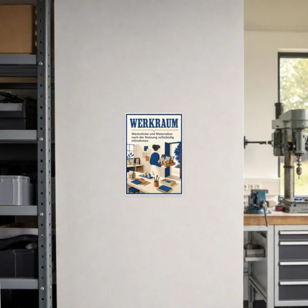 KI-generiertes Anwendungsbeispiel: Werkraum Aufkleber als Ordnungshinweis an einer glatten Tür oder Materialwand.
