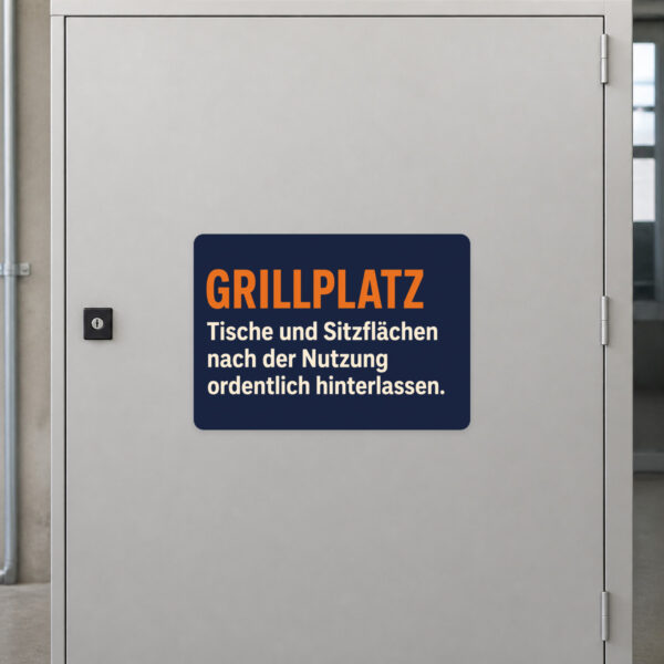 KI-generiertes Anwendungsbeispiel: Grillplatz Aufkleber an Metallfläche mit Sitzgruppen- und Sauberkeitshinweis.
