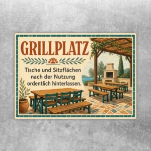 Grillplatz Aufkleber im Querformat mit Hinweis, Tische und Sitzflächen nach der Nutzung ordentlich zu hinterlassen.
