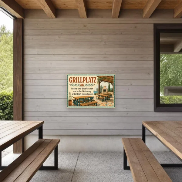 KI-generiertes Anwendungsbeispiel: Grillplatz Schild mit Hinweis zum ordentlichen Hinterlassen von Tischen und Sitzflächen.