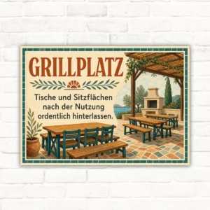 Grillplatz Schild mit Text „Tische und Sitzflächen nach der Nutzung ordentlich hinterlassen“ im Vintage-Querformat.