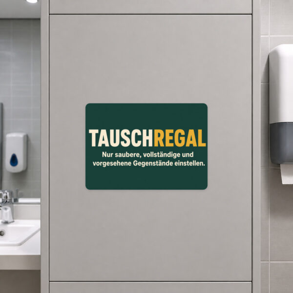KI-generiertes Anwendungsbeispiel: Tauschregal Aufkleber mit Regalillustration und Hinweis für saubere, vollständige Gegenstände.