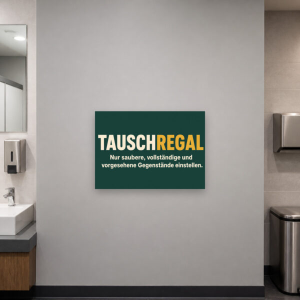 KI-generiertes Anwendungsbeispiel: Tauschregal Schild – Nur saubere, vollständige und vorgesehene Gegenstände einstellen am passenden Einsatzort mit gut sichtbarem Motiv und klarer Beschriftung.