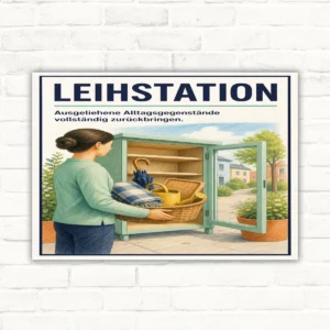 Leihstation Schild mit Text „Ausgeliehene Alltagsgegenstände vollständig zurückbringen“ und Rückgabe-Illustration.