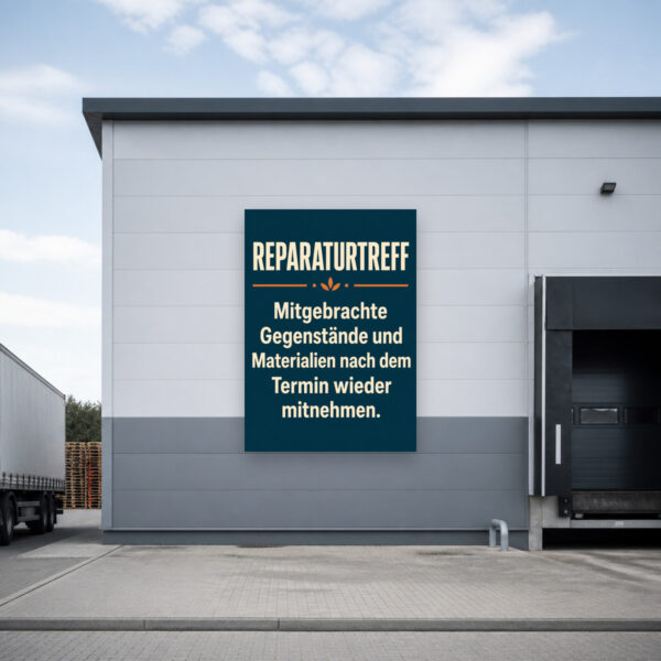 KI-generiertes Anwendungsbeispiel: Reparaturtreff Schild mit Mitnahme-Hinweis als bedruckte Platte an heller Wand.