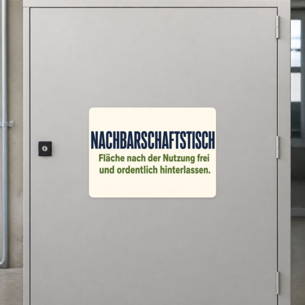 KI-generiertes Anwendungsbeispiel: Nachbarschaftstisch Aufkleber als freundlicher Ordnungshinweis an einem Gemeinschaftstisch.