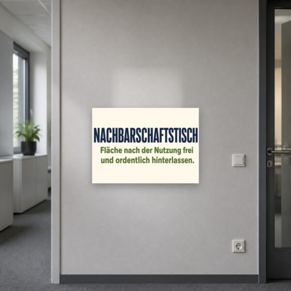 KI-generiertes Anwendungsbeispiel: Nachbarschaftstisch Schild mit Ordnungshinweis an heller Wand im Querformat.