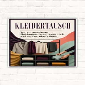 Kleidertausch Schild mit Text „Nur vorgesehene Kleidungsstücke ordentlich und sauber einsortieren“ für Tauschregale.