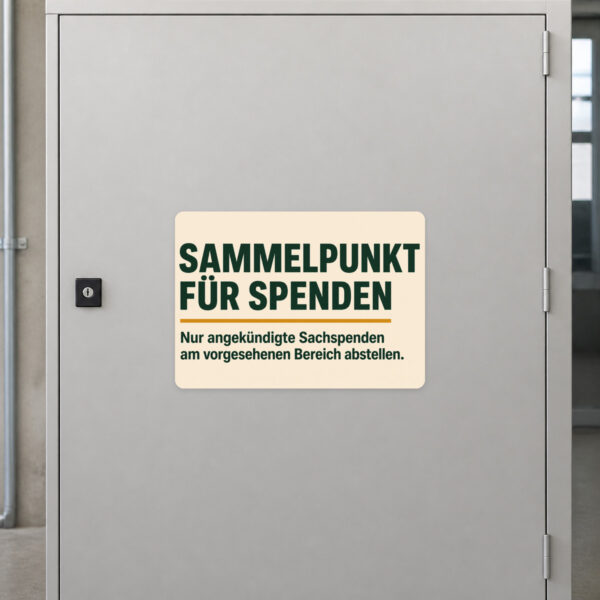 KI-generiertes Anwendungsbeispiel: Aufkleber Sammelpunkt für Spenden an einem geordneten Sachspendenbereich.