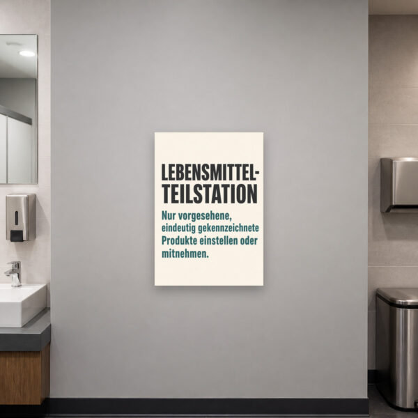 KI-generiertes Anwendungsbeispiel: Lebensmittel-Teilstation Schild – gekennzeichnete Produkte einstellen oder mitnehmen am passenden Einsatzort mit gut sichtbarem Motiv und klarer Beschriftung.