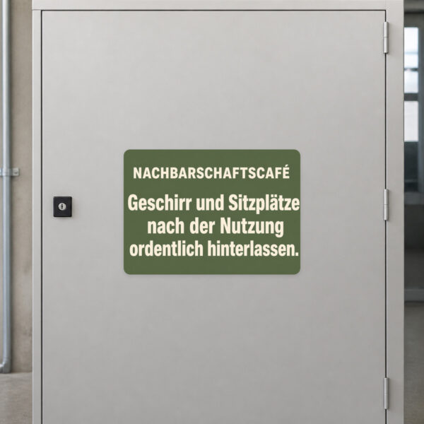 KI-generiertes Anwendungsbeispiel: Nachbarschaftscafé Aufkleber mit Geschirrhinweis an einer glatten Wand im Gemeinschaftsraum.