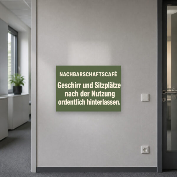 KI-generiertes Anwendungsbeispiel: Nachbarschaftscafé Schild mit Ordnungshinweis für Geschirr und Sitzplätze an der Wand.