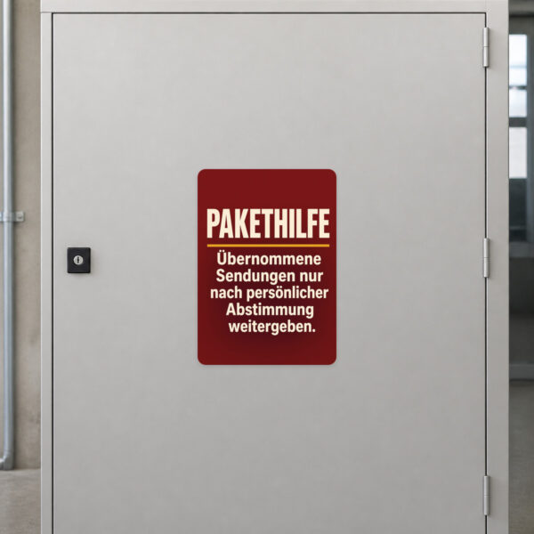 KI-generiertes Anwendungsbeispiel: Pakethilfe Aufkleber mit Paketübergabe und Hinweis zur persönlichen Abstimmung.