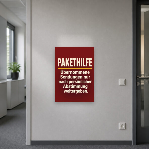 KI-generiertes Anwendungsbeispiel: Pakethilfe Schild zur persönlichen Abstimmung bei übernommenen Sendungen im Hausflur.