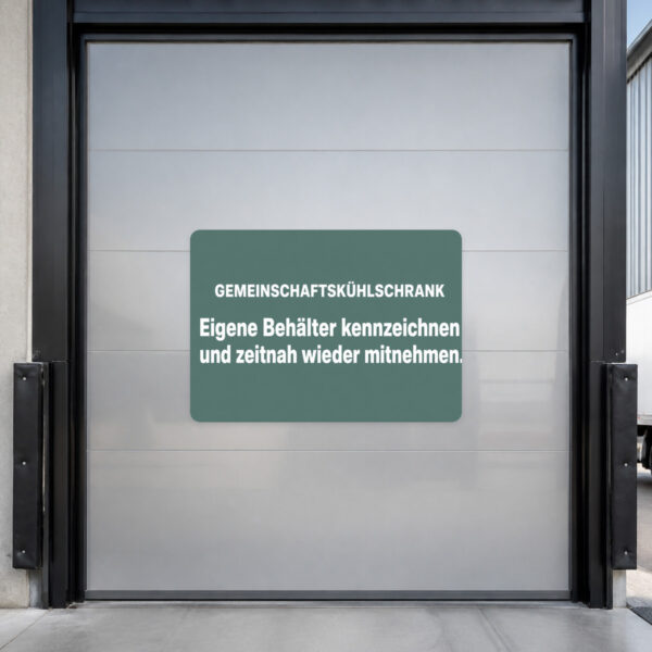 KI-generiertes Anwendungsbeispiel: Gemeinschaftskühlschrank Aufkleber an einer Büroküche mit Behälter-Hinweis.