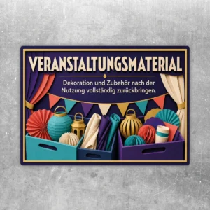 Aufkleber Veranstaltungsmaterial zurückbringen mit bunten Dekoboxen, Girlanden und Hinweis zur vollständigen Rückgabe.