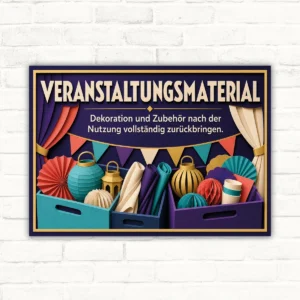 Hinweisschild „Veranstaltungsmaterial“ mit Text Dekoration und Zubehör vollständig zurückbringen, Querformat.