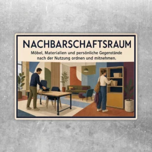 Nachbarschaftsraum Aufkleber mit Ordnungshinweis, Illustration von Möbeln, Regal und Personen im Gemeinschaftsraum.