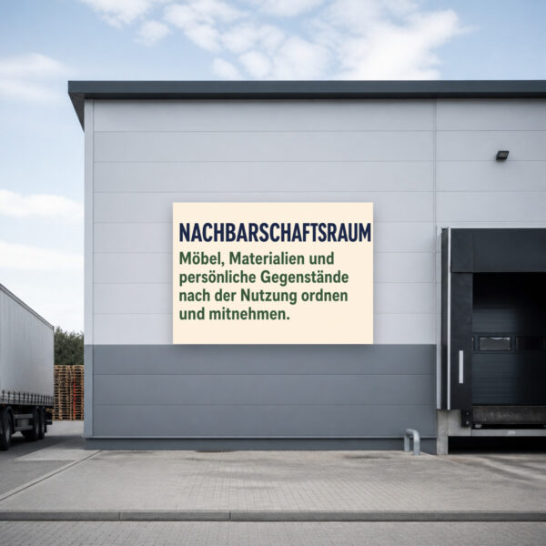 KI-generiertes Anwendungsbeispiel: Nachbarschaftsraum Schild – Möbel, Materialien und persönliche Gegenstände ordnen am passenden Einsatzort mit gut sichtbarem Motiv und klarer Beschriftung.