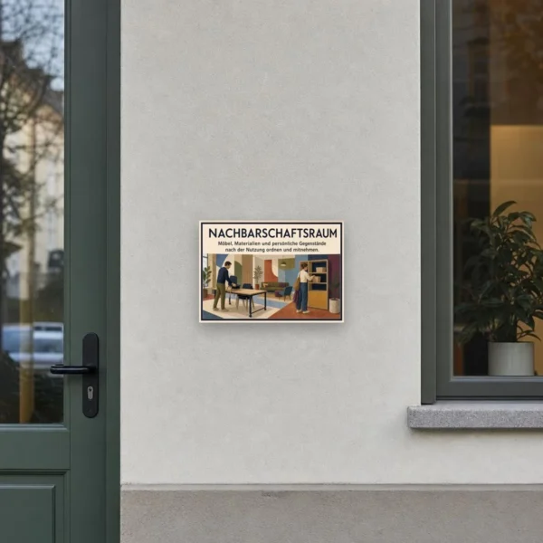 KI-generiertes Anwendungsbeispiel: Nachbarschaftsraum Schild – Möbel, Materialien und persönliche Gegenstände ordnen am passenden Einsatzort mit gut sichtbarem Motiv und klarer Beschriftung.