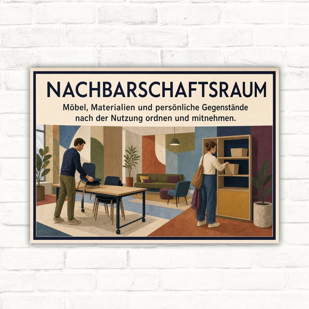Nachbarschaftsraum Schild – Möbel, Materialien und persönliche Gegenstände ordnen mit gut lesbarem Motiv und klarer Beschriftung als bedrucktes Schild aus Aluminium-Verbundplatte.