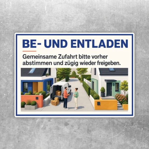 Zufahrt freihalten Aufkleber Be- und Entladen mit blauem Text, Hinweis zur Abstimmung und Zufahrt-Illustration.