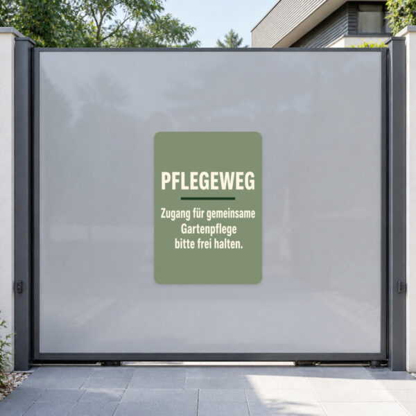 KI-generiertes Anwendungsbeispiel: Pflegeweg Aufkleber an grauer Fläche mit Gartenszene und Hinweis zum Freihalten.