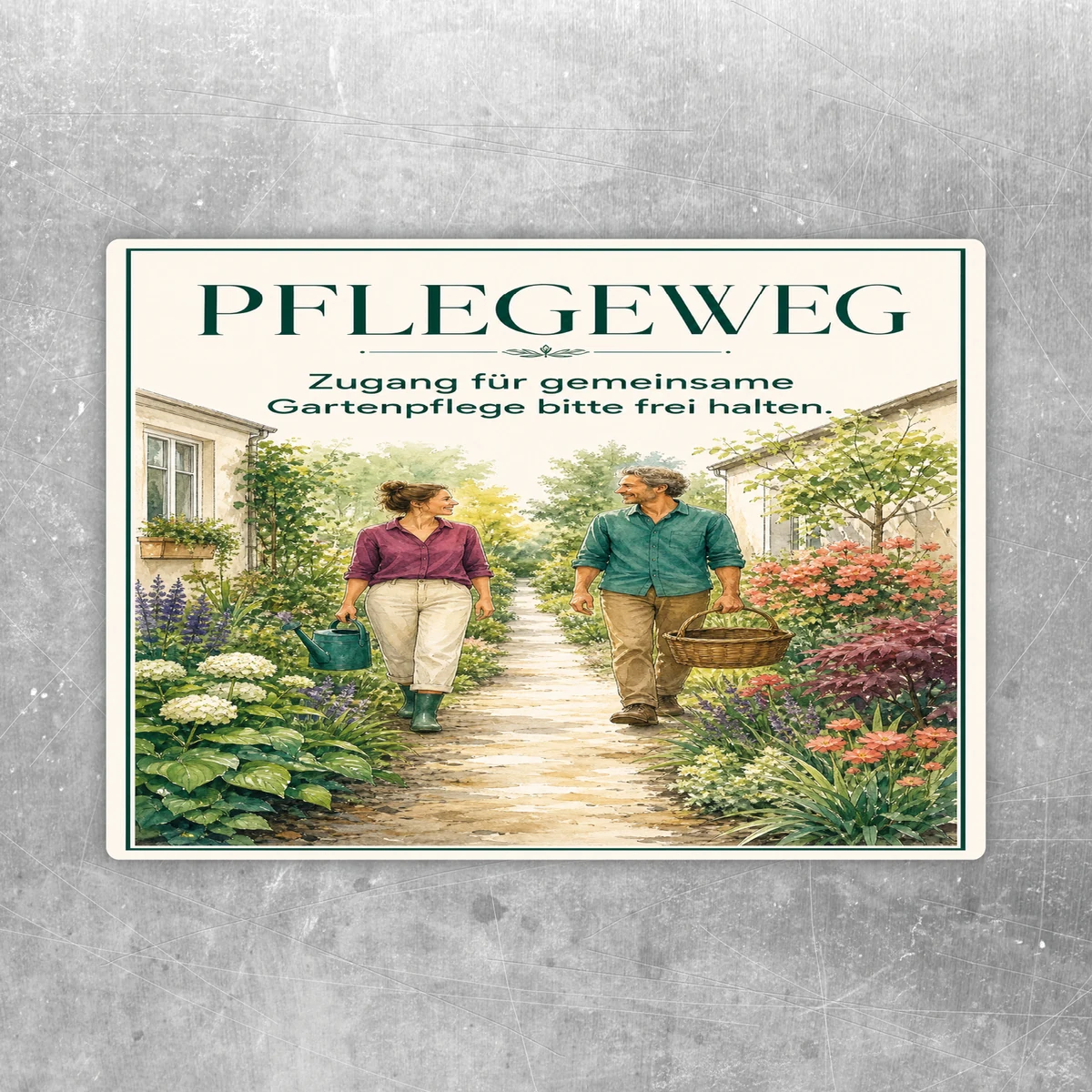 Pflegeweg Aufkleber mit Gartenszene und Hinweis, Zugang für gemeinsame Gartenpflege bitte frei halten.