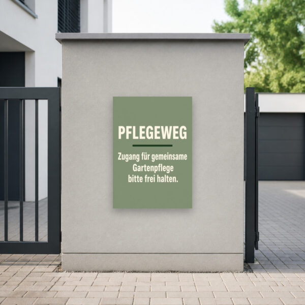 KI-generiertes Anwendungsbeispiel: Pflegeweg Schild „Zugang für gemeinsame Gartenpflege bitte frei halten“ an Gartenanlage.