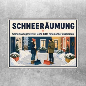 Aufkleber Schneeräumung mit Winterhof, zwei Personen mit Schiebern und Hinweis zur Abstimmung gemeinsamer Fläche.