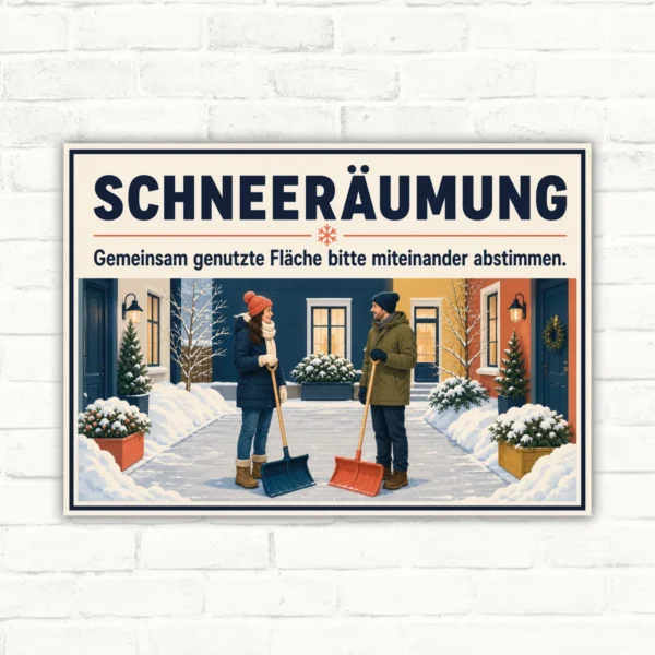 Schneeräumung Schild gemeinsam genutzte Fläche abstimmen mit gut lesbarem Motiv und klarer Beschriftung als bedrucktes Schild aus Aluminium-Verbundplatte.