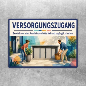 Versorgungszugang Aufkleber im Querformat mit blauem Titel und Hinweis, Anschlüsse frei zugänglich zu halten.