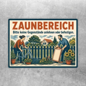 Zaunbereich Aufkleber mit Hinweis Bitte keine Gegenstände anlehnen oder befestigen im Gartenzaun-Motiv.