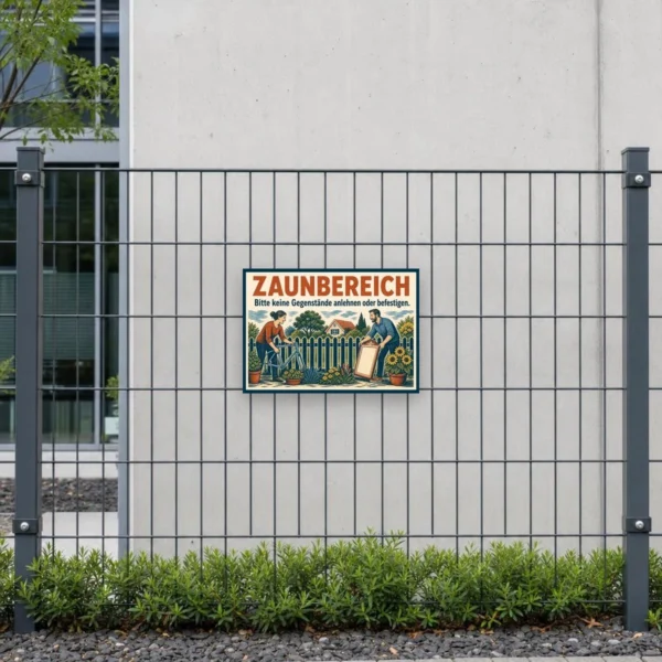 KI-generiertes Anwendungsbeispiel: Zaunbereich Schild – Bitte keine Gegenstände anlehnen oder befestigen am passenden Einsatzort mit gut sichtbarem Motiv und klarer Beschriftung.