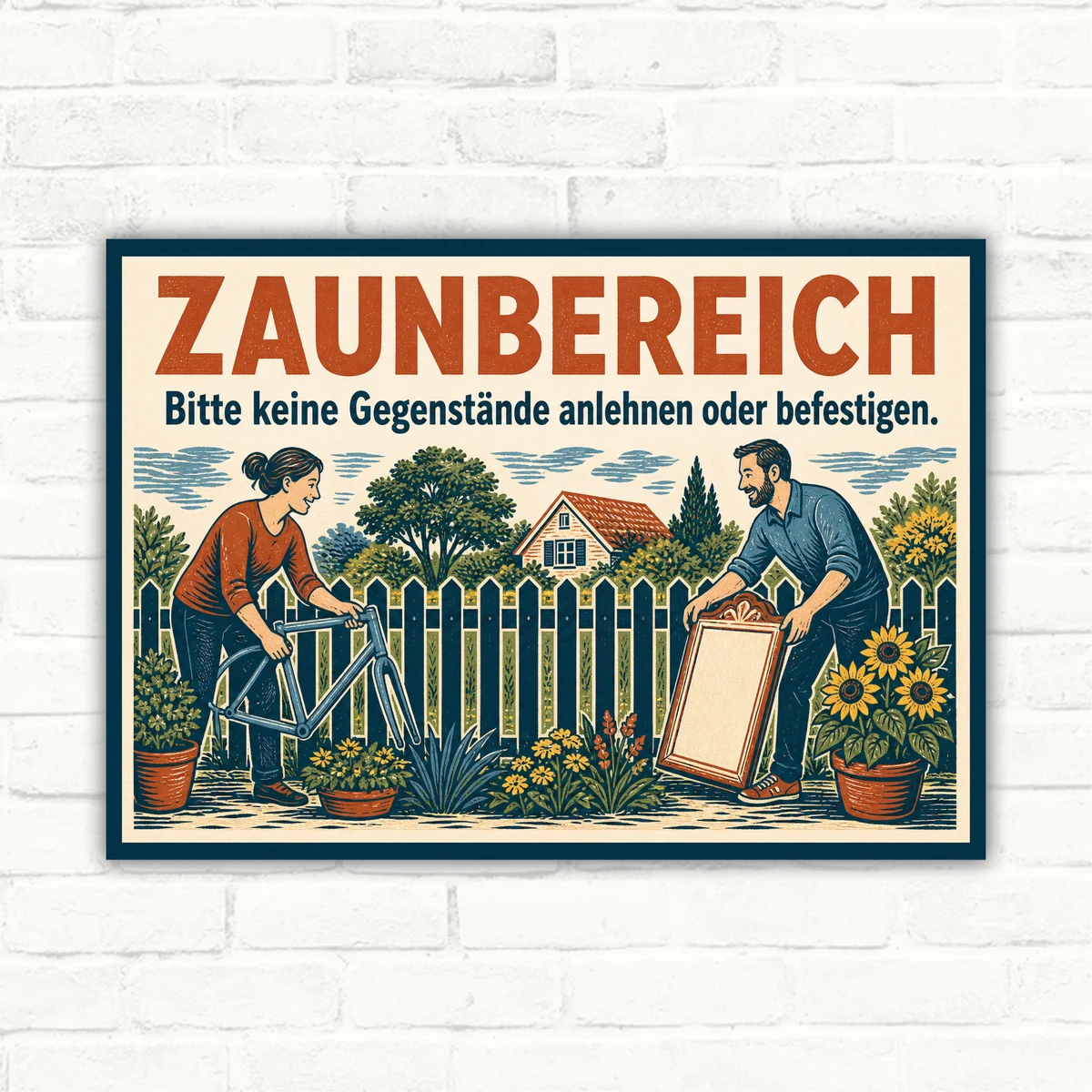 Zaunbereich Schild – Bitte keine Gegenstände anlehnen oder befestigen mit gut lesbarem Motiv und klarer Beschriftung als bedrucktes Schild aus Aluminium-Verbundplatte.