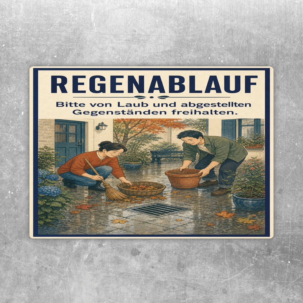 Regenablauf freihalten Aufkleber mit Illustration von Laubentfernung im Hof und großem Hinweistext oben.