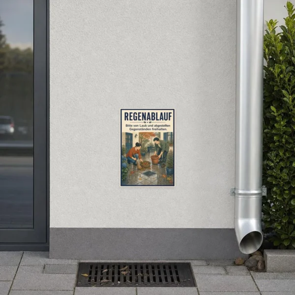 KI-generiertes Anwendungsbeispiel: Regenablauf freihalten Aufkleber an grauer Fläche mit Hofmotiv und Laubhinweis.