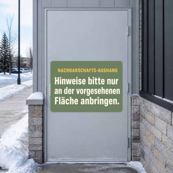 KI-generiertes Anwendungsbeispiel: Nachbarschafts-Aushang Aufkleber an Infowand im Hausflur für geordnete Hinweise.