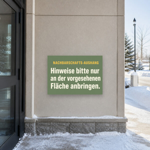 KI-generiertes Anwendungsbeispiel: Nachbarschafts-Aushang Schild – Hinweise nur an vorgesehener Fläche anbringen am passenden Einsatzort mit gut sichtbarem Motiv und klarer Beschriftung.