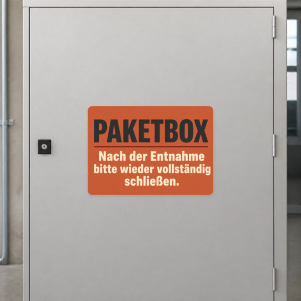 KI-generiertes Anwendungsbeispiel: Paketbox Aufkleber mit Hinweis zum vollständigen Schließen auf grauem Untergrund.