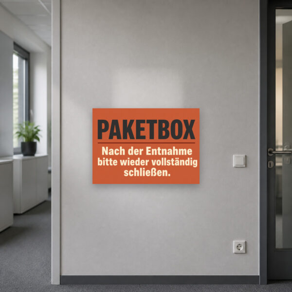 KI-generiertes Anwendungsbeispiel: Paketbox Schild „Nach der Entnahme bitte vollständig schließen“ Querformat am passenden Einsatzort mit gut sichtbarem Motiv und klarer Beschriftung.