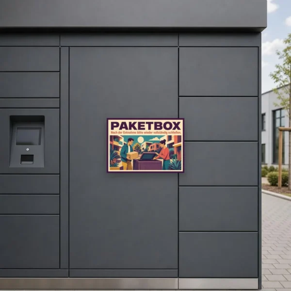 KI-generiertes Anwendungsbeispiel: Paketbox Schild „Nach der Entnahme bitte vollständig schließen“ Querformat am passenden Einsatzort mit gut sichtbarem Motiv und klarer Beschriftung.