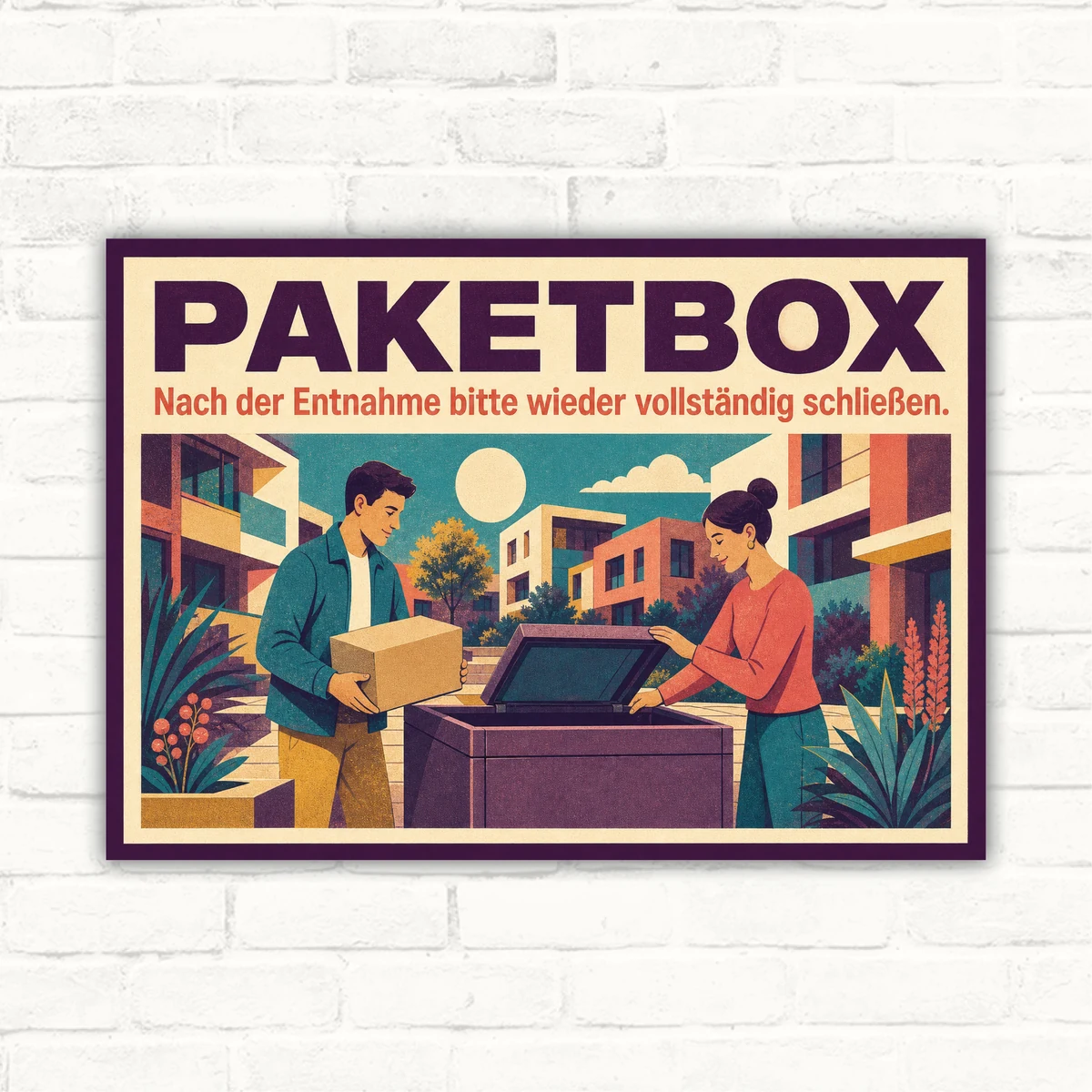 Paketbox Schild „Nach der Entnahme bitte vollständig schließen“ Querformat mit gut lesbarem Motiv und klarer Beschriftung als bedrucktes Schild aus Aluminium-Verbundplatte.