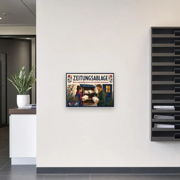 KI-generiertes Anwendungsbeispiel: Zeitungsablage Schild regelmäßig leeren und ordentlich hinterlassen am passenden Einsatzort mit gut sichtbarem Motiv und klarer Beschriftung.