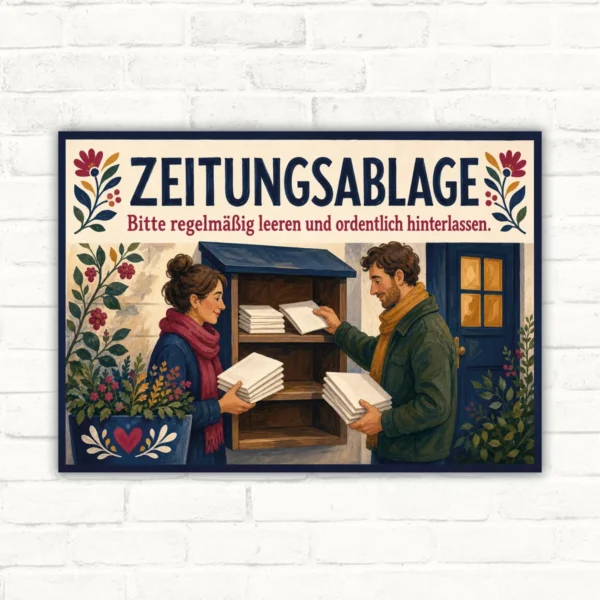 Zeitungsablage Schild regelmäßig leeren und ordentlich hinterlassen mit gut lesbarem Motiv und klarer Beschriftung als bedrucktes Schild aus Aluminium-Verbundplatte.