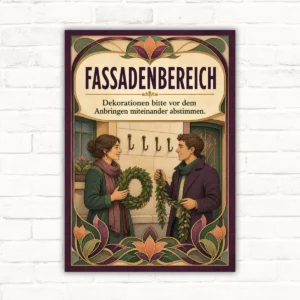 Hinweisschild „Fassadenbereich“ mit Text „Dekorationen bitte vor dem Anbringen miteinander abstimmen“.