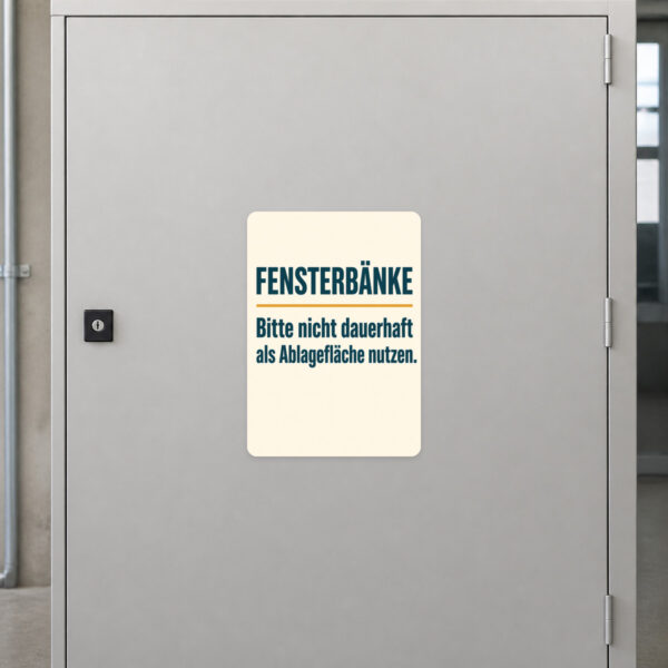 KI-generiertes Anwendungsbeispiel: Fensterbänke Aufkleber mit freundlichem Hinweis gegen dauerhafte Ablageflächen.