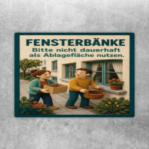 Fensterbänke Aufkleber mit Text Bitte nicht dauerhaft als Ablagefläche nutzen und illustrativer Szene vor Fenstern.