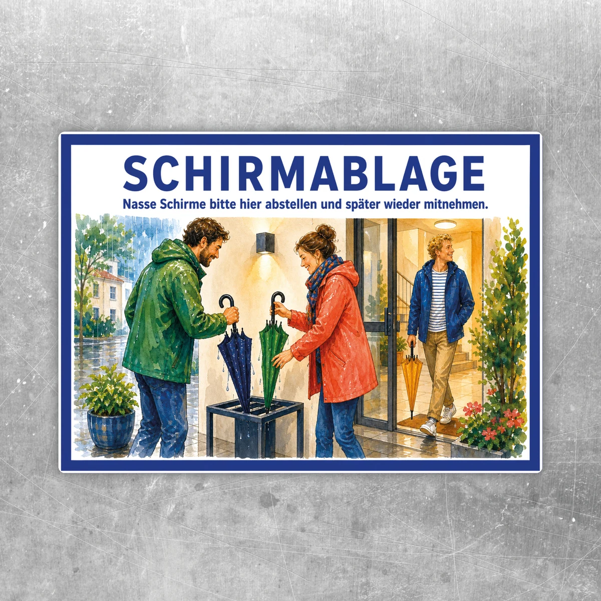 Schirmablage Aufkleber im Querformat mit Personen, nassen Schirmen und Hinweistext zum Abstellen im Eingangsbereich.